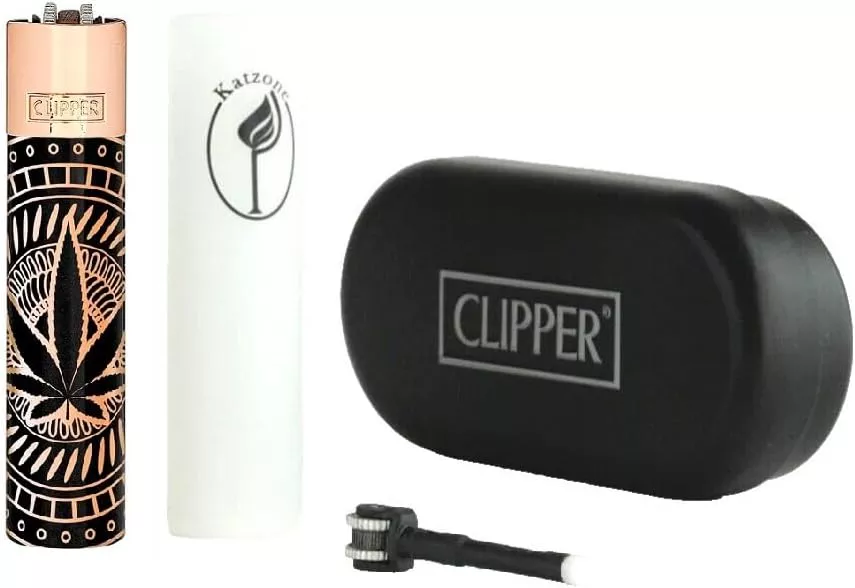 1X Clipper Metal Lighter Large(CP11) Only – Shiny Rose Gold/Premium Leaves Pattern + Bundles with KATZONE Silicone Sleeve + Extra Flint System