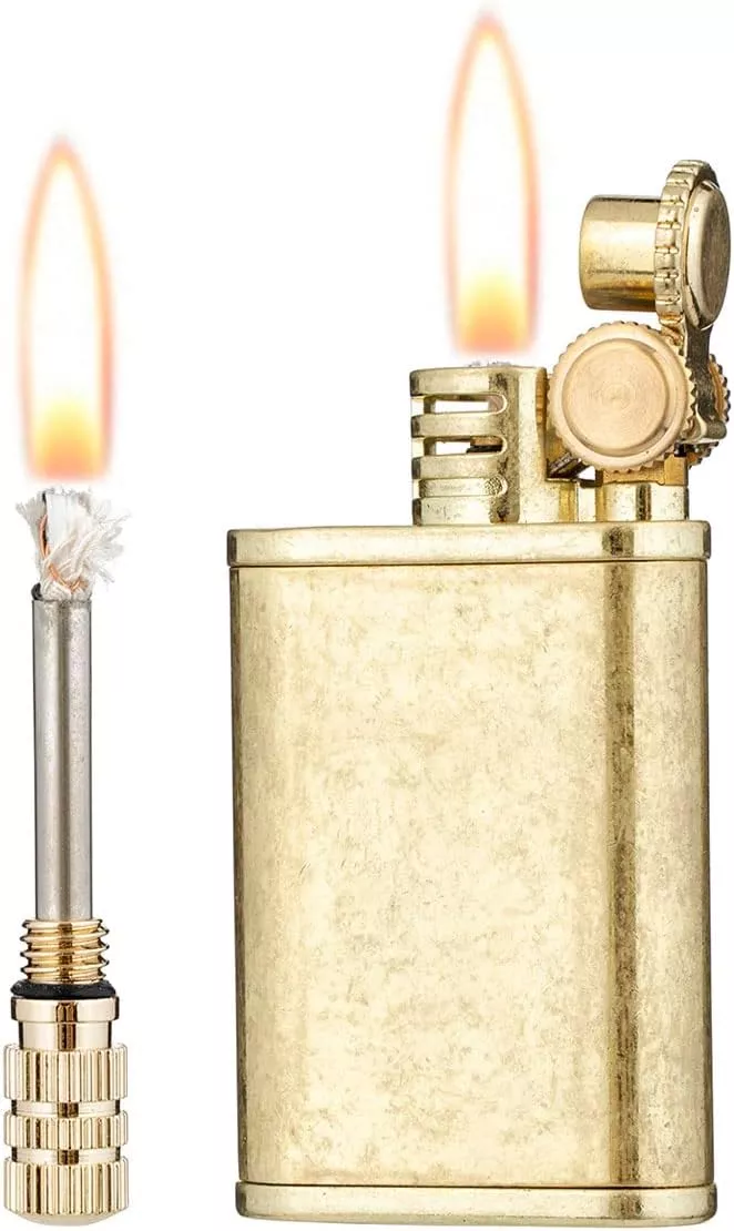 2 in 1 Lighetr Permanent Match Antique Style Flint Wheel Kerosene Lighter with Permanent Match (Brass)