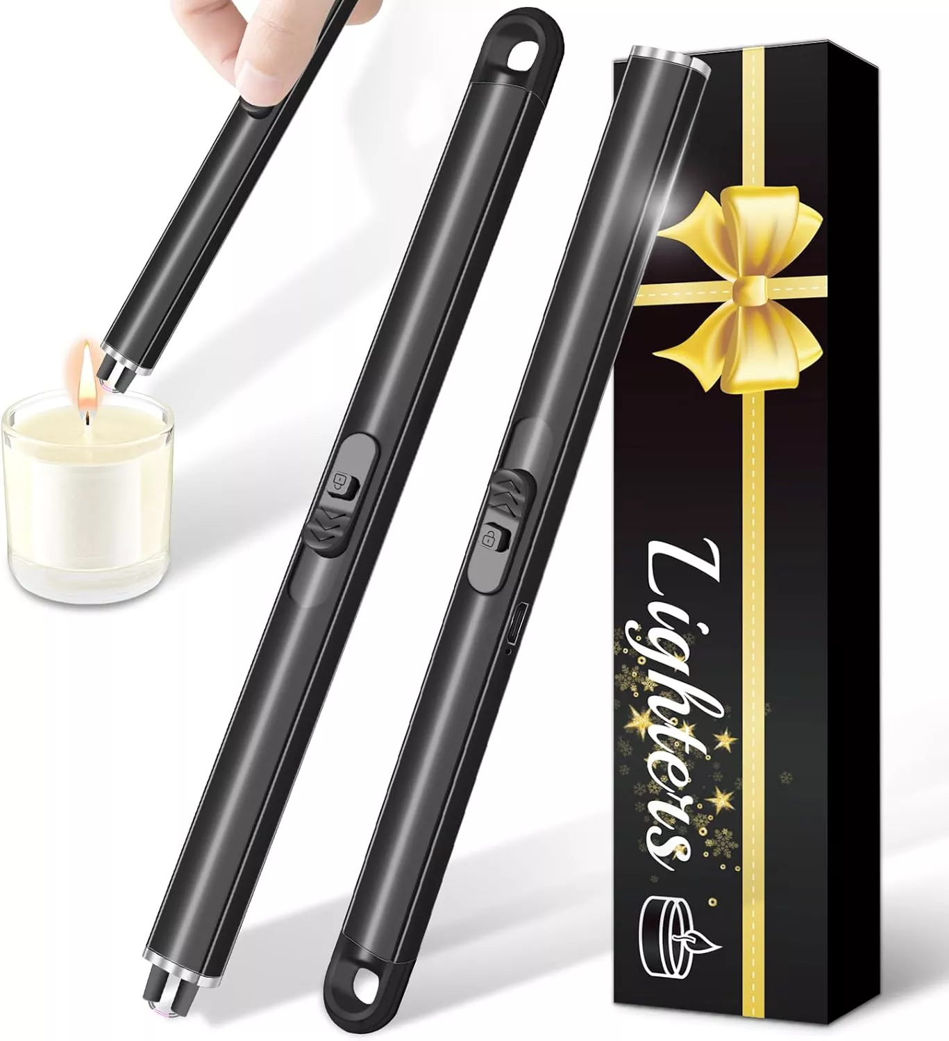 2 Pack Electric Candle Lighters, Windproof Flameless & Double Safety Lock Design, USB Rechargeable Lighter with Extended Handle, Suitable for Candles, BBQ, Camping, Gas Stove, Festivals Gift (Black)
