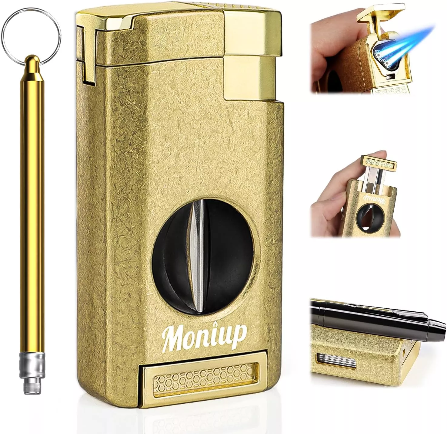 All-in-one Torch Lighter with 3 Jet Flames, Built-in V Cutter, Holder, Draw Enhancer, Multi-Functional Lighter & Accessories Gift Set for Men, Butane Refillable Lighter for Candles, Travel, Outdoors